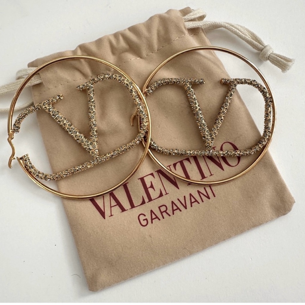 Like New Valentino Garavani V Logo Rhinestone Hoop Earrings W/Coa